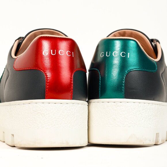 Gucci Ace Web Gold Bee Black Leather White Platform Sneaker - Picture 9 of 11